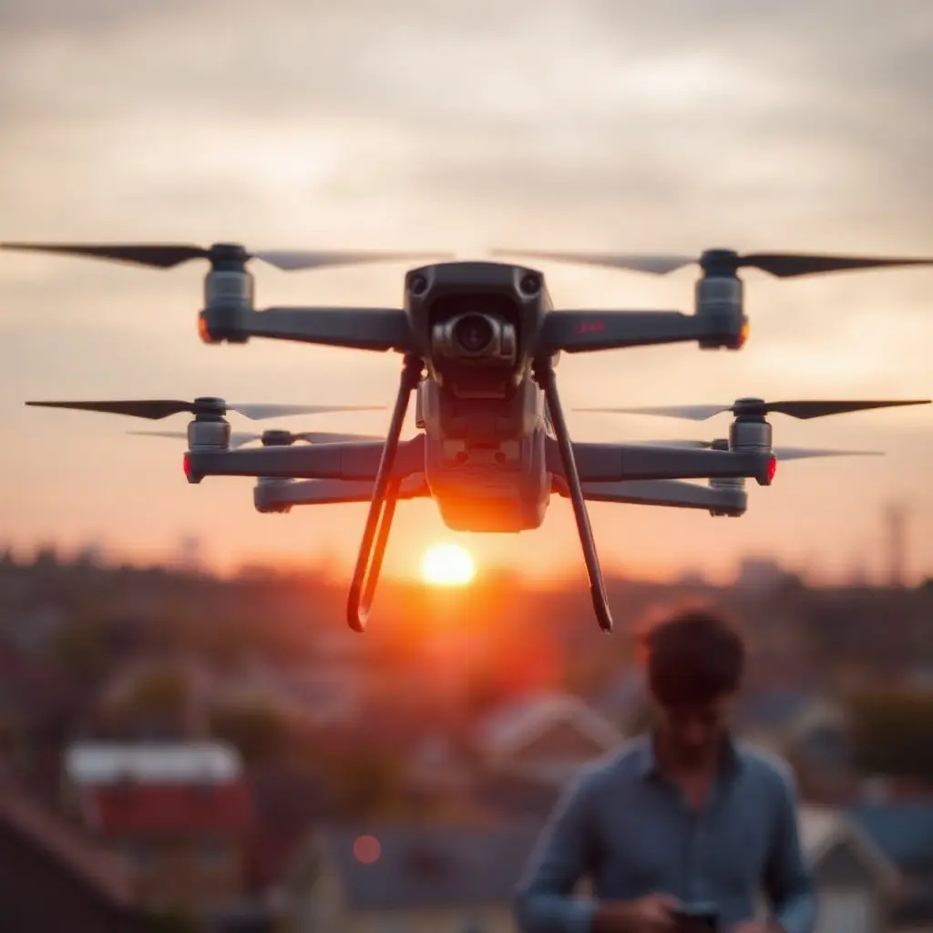 Aeronavă fără pilot (dronă quadcopter) zburând deasupra unui cartier rezidențial românesc