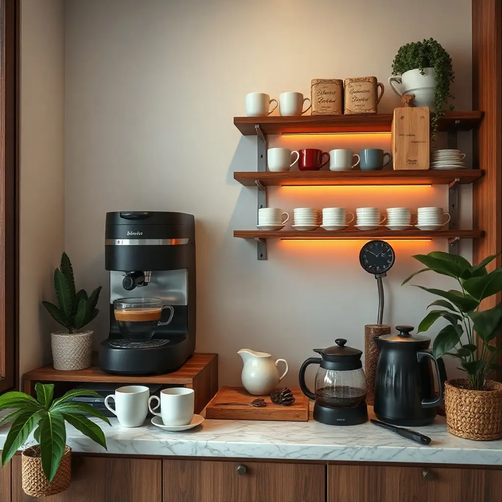 Cafenea acasă amenajată cu mașină de espresso și rafturi din lemn – coffee bar modern în apartament