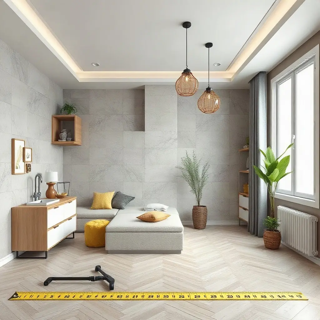 Calculare metri patrati pentru renovare camera living cu ruleta si notite