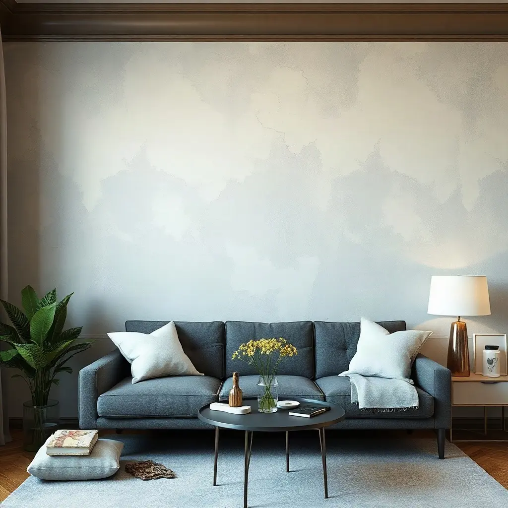 Cameră de zi modernă cu vopsea decorativă interior efect tencuială venețiană pe perete accent