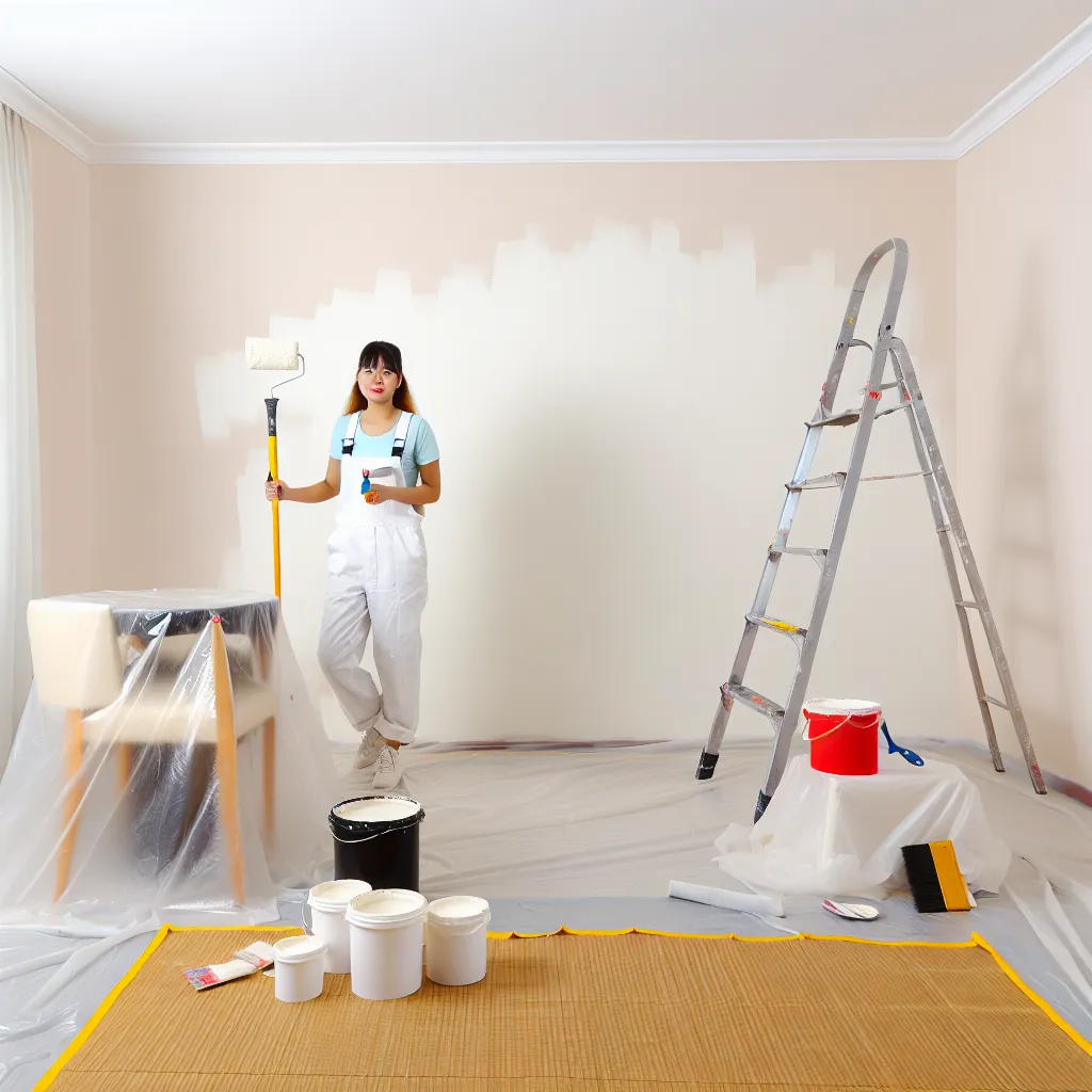 Camera pregatita pentru zugravit cu folie de protectie si banda de mascare