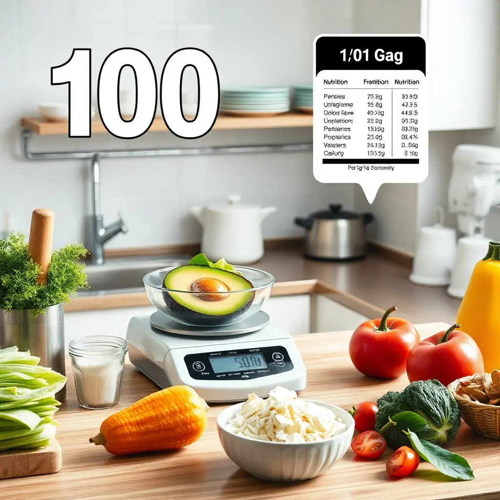 Cântar digital de bucătărie afișând 100 grame pentru calculul nutrițional