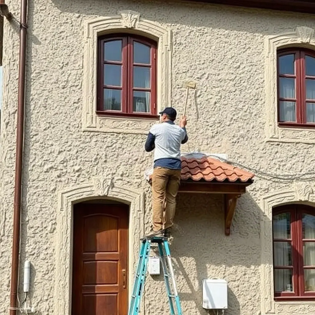 Casa cu tencuiala decorativa exterior aplicata profesional - finisaj scoarta de copac