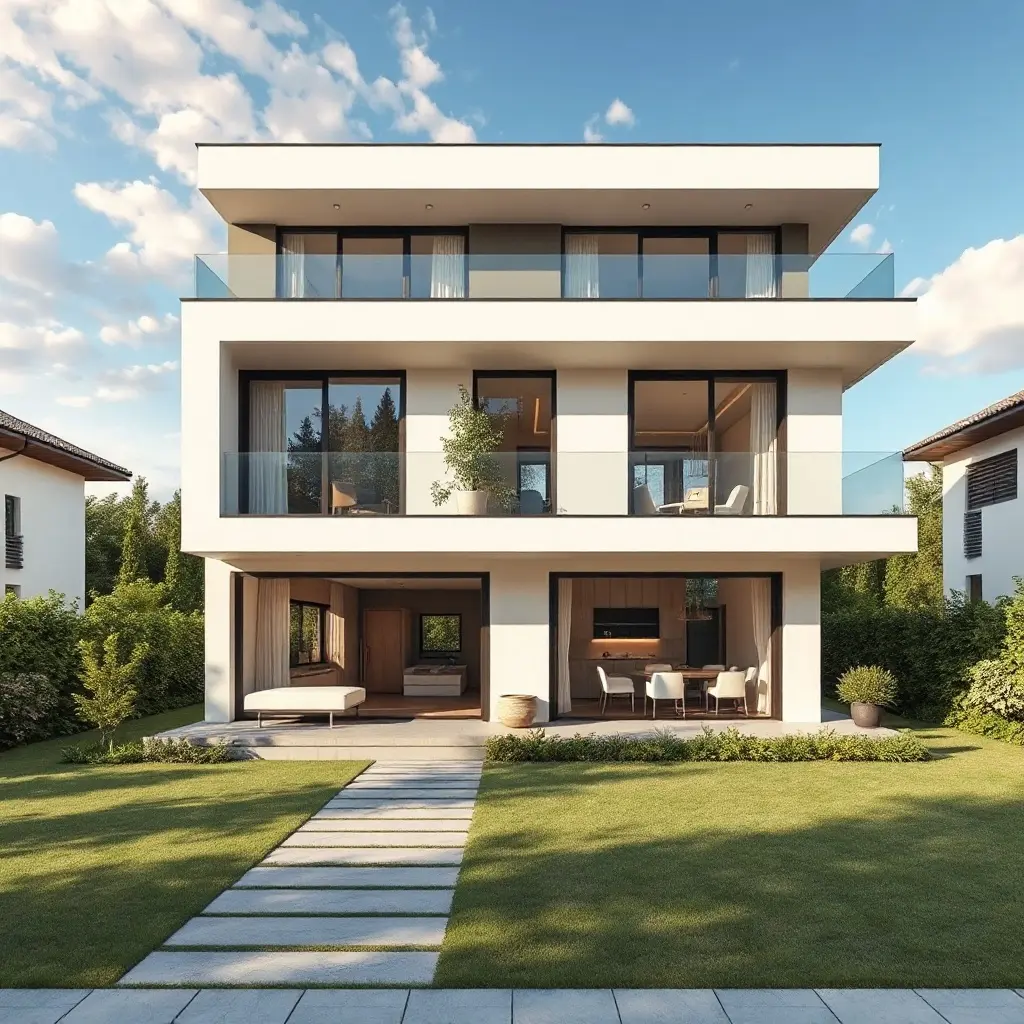 Casa modernă cu etaj - design contemporan cu fatadă mixtă și grădină amenajată
