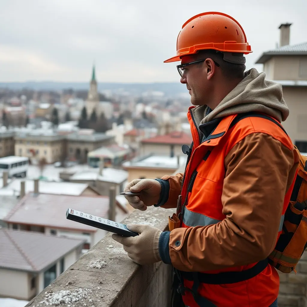 Constructor român verificând prognoza meteo înainte de lucrări exterioare de tencuială