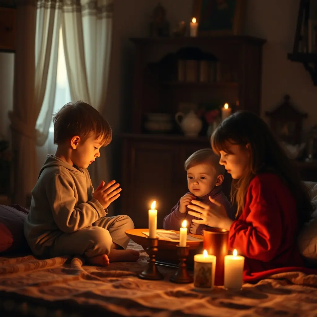 Copil în rugăciune seara înainte de culcare cu icoană ortodoxă