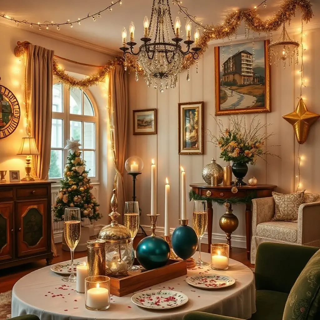 Decor living pentru ajunul anului nou cu ghirlande luminoase și baloane aurii