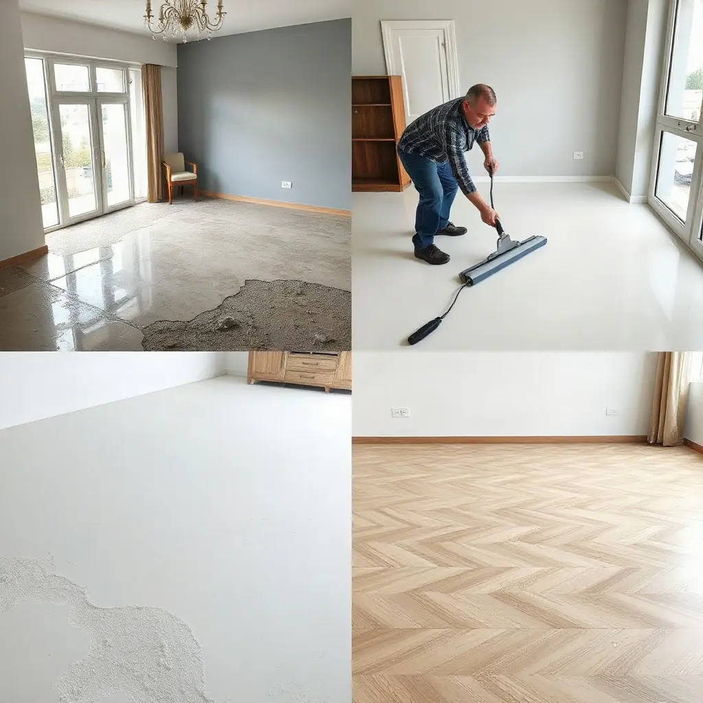evaluarea podelei înainte de aplicarea șapei autonivelante cu dreptarul și nivelul laser