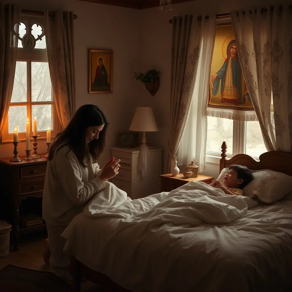 Familie creștină rugându-se împreună la masa din sufragerie – puterea rugăciunii în familie