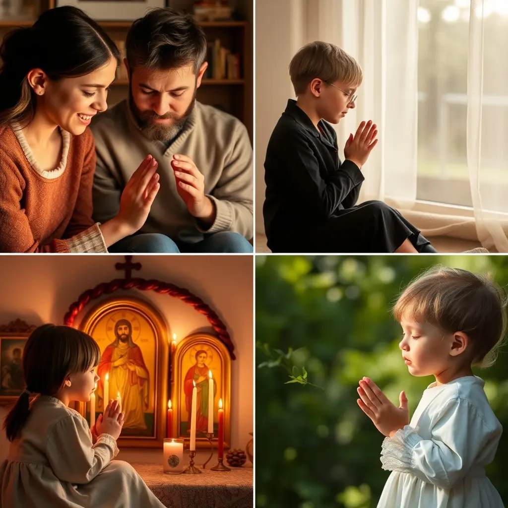 Familie ortodoxă română rugându-se împreună cu copilul mic la lumina lumânării