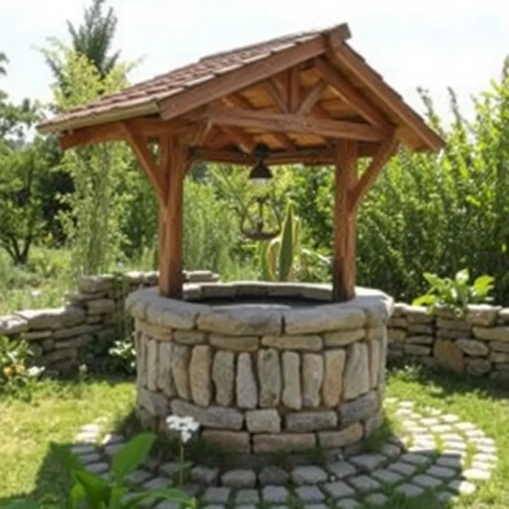 Fântână tradițională românească amenajată cu ghizduri din piatră și acoperiș din lemn sculptat