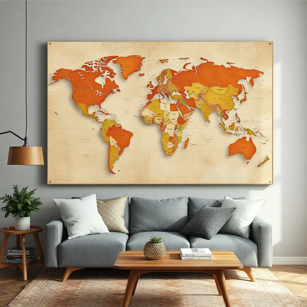 Hartă a lumii decorativă montată pe peretele unui living modern românesc