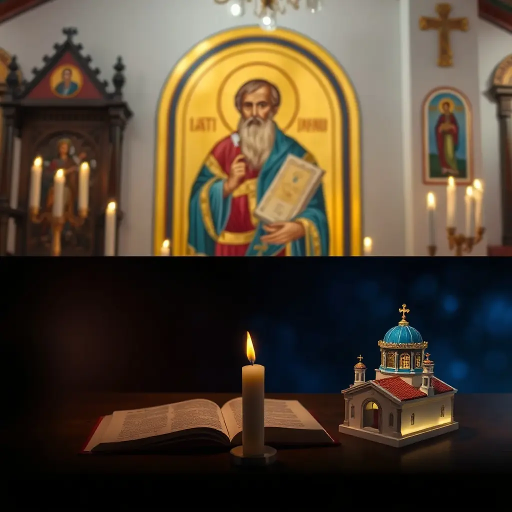 Icoana Sfântului Spiridon în stil bizantin – episcop cu haină arhierească și pălărie împletită, specific iconografiei ortodoxe