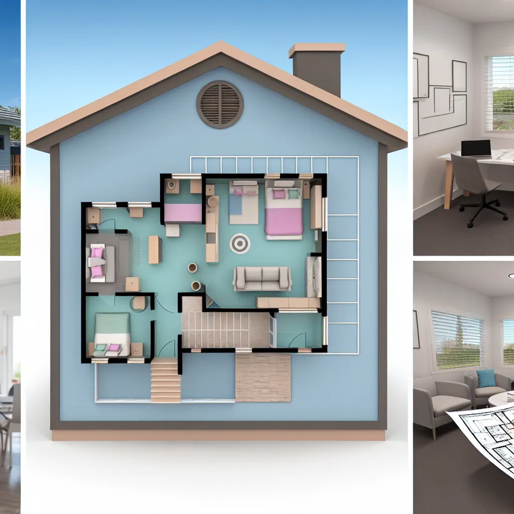 Imagine concept: plan casa parter modernă cu grădină, suprapusă cu un plan arhitectural transparent.