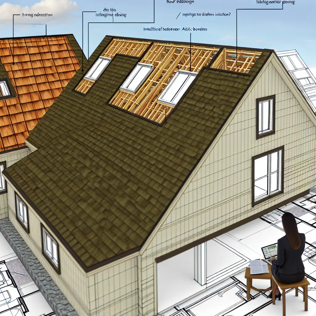Imagine exterioară a unei case moderne cu mansardă și trei dormitoare, integrată armonios în peisaj