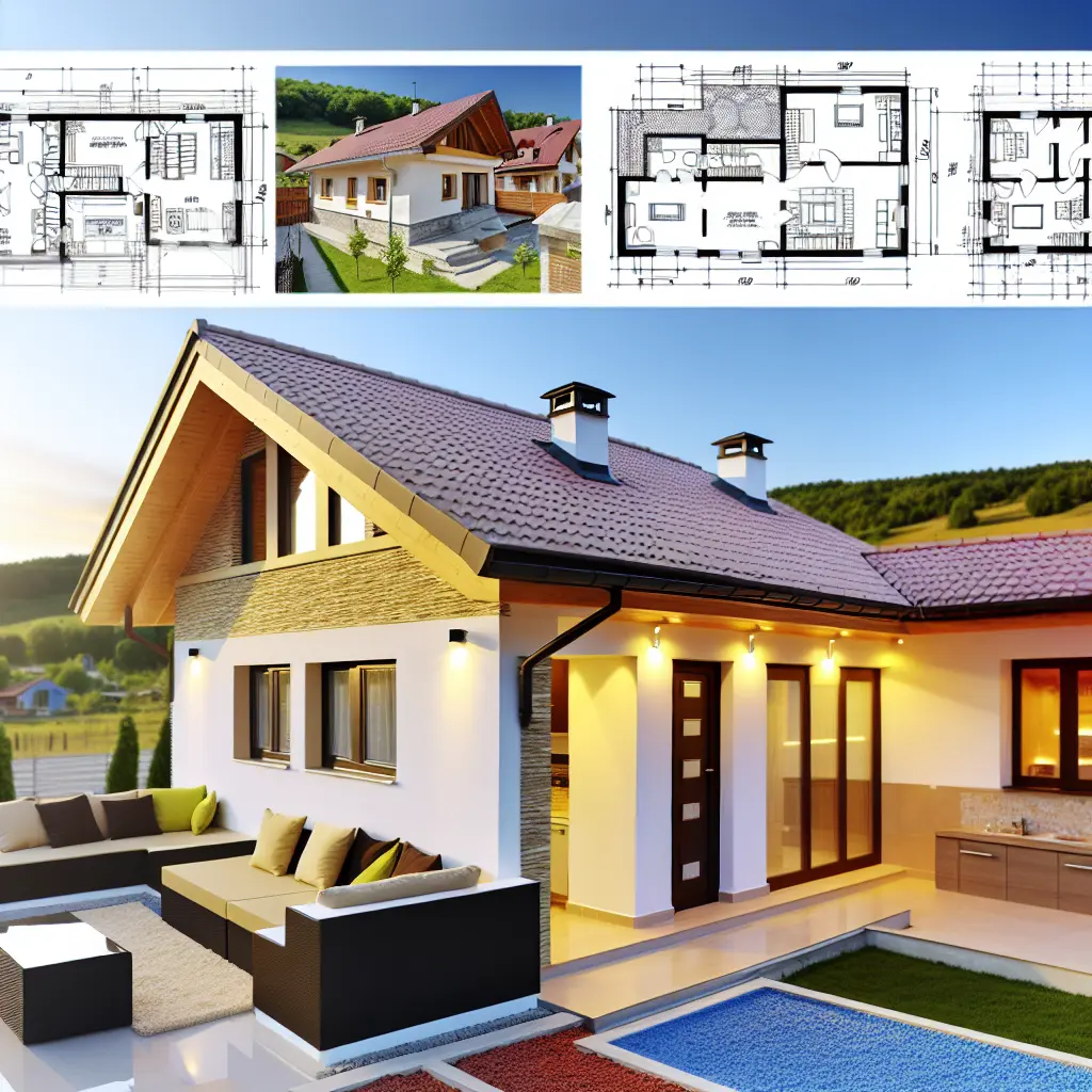 Imagine panoramică cu o casă parter modernă, cu grădină amenajată și un design atrăgător.