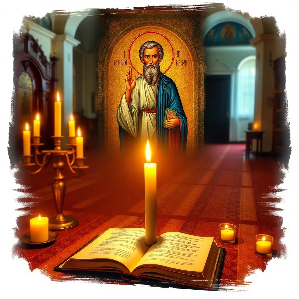 Interior de biserică ortodoxă română cu lumânări aprinse și icoane bizantine – atmosferă de rugăciune pentru acatistul Sfântului Spiridon