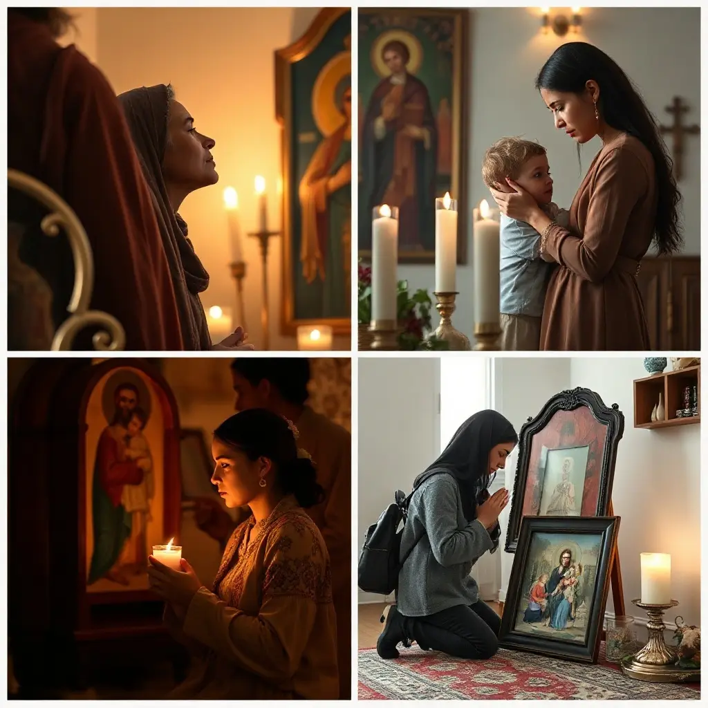 Mamă care se roagă pentru copilul ei bolnav cu lumânare și icoană ortodoxă