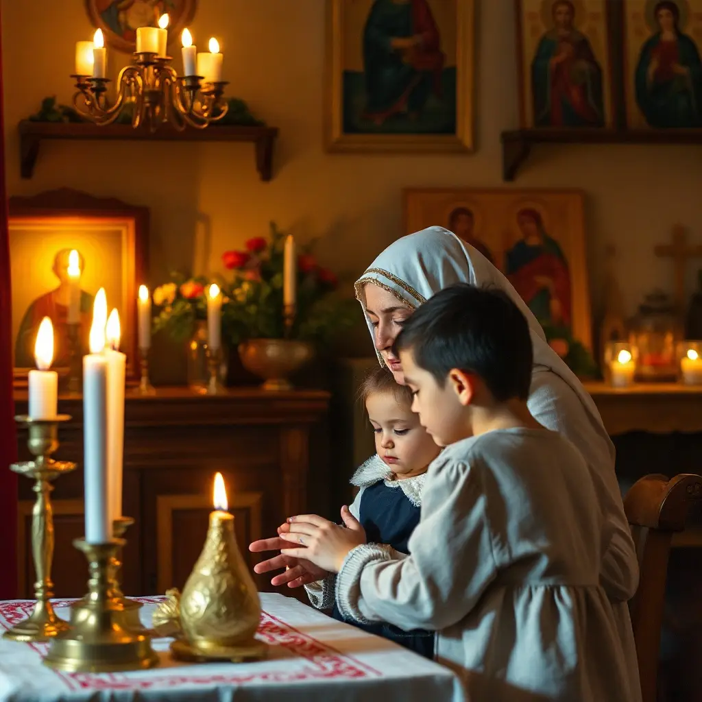 Mamă și copil rugându-se împreună dimineața - rugăciune ortodoxă