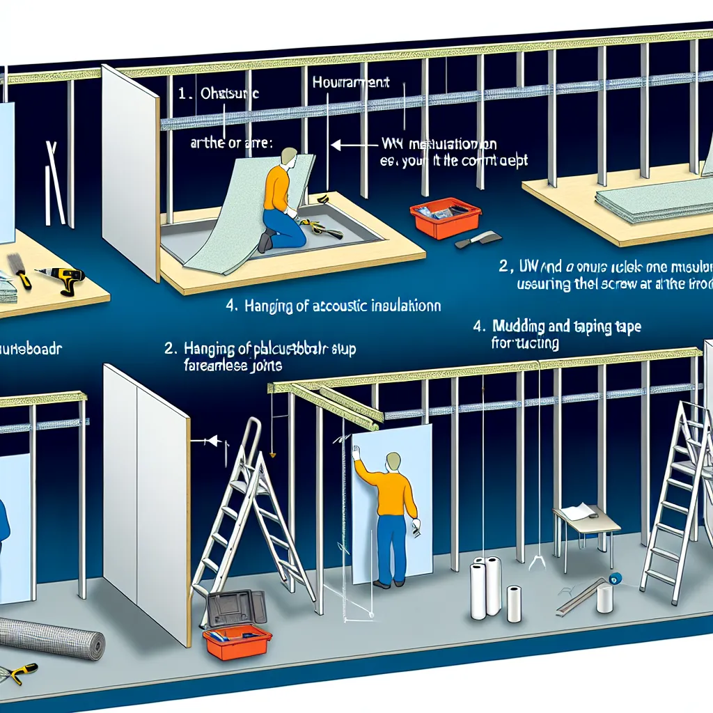 Materiale și unelte necesare pentru montare rigips: profile metalice, plăci gips-carton și nivelă laser.