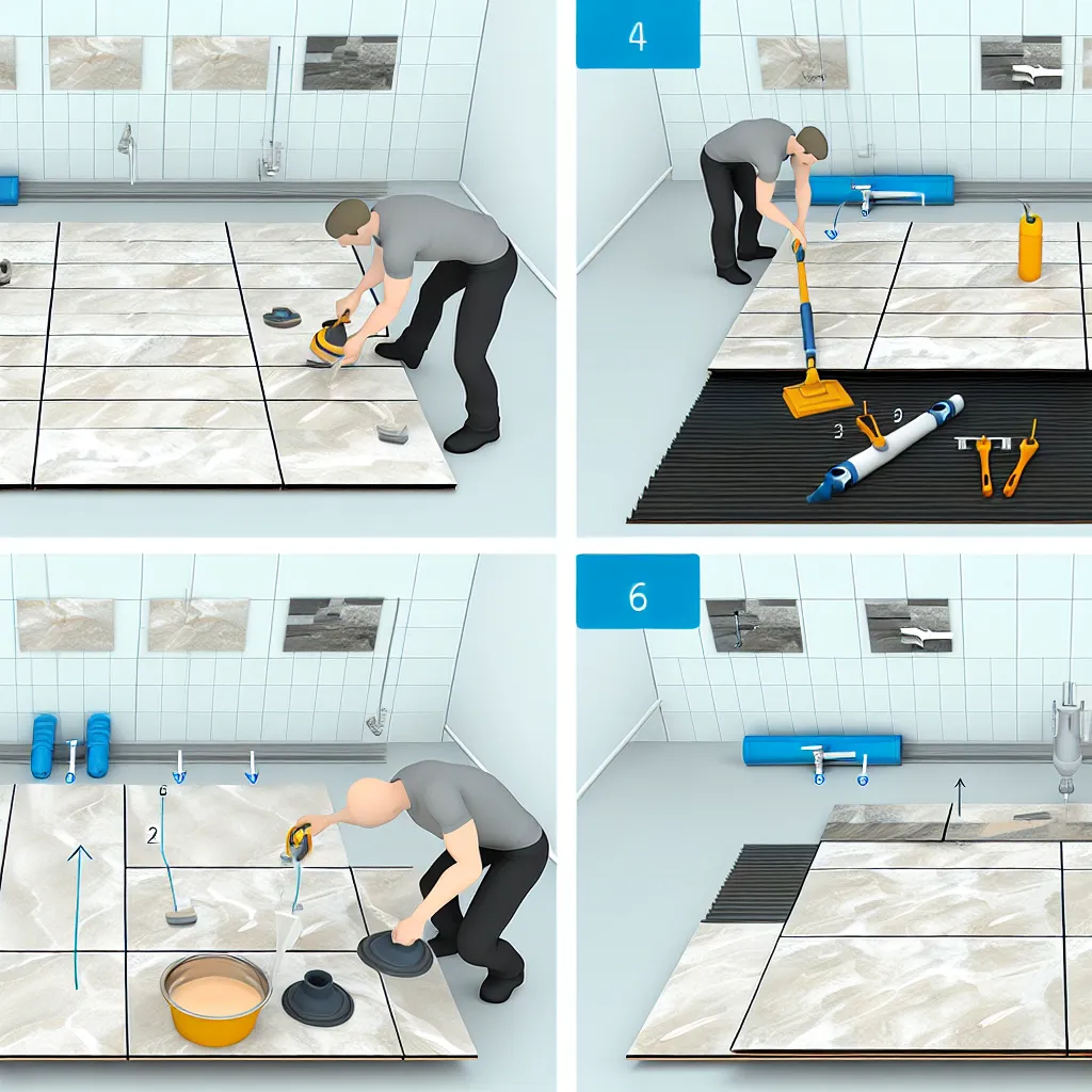 Meșter aplicând adeziv în linii paralele pentru montaj gresie 60x120