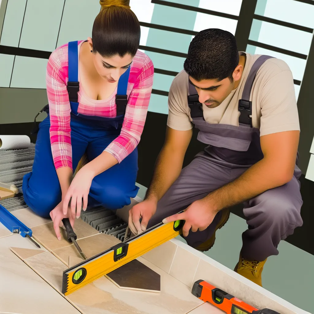 Meșter profesionist aplicând adeziv cu gletiera cu dinți pentru montajul gresiei de format mare