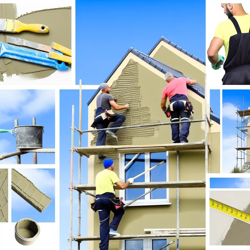 Meșter profesionist aplicând tencuială decorativă pe fațada unei case de pe schelă