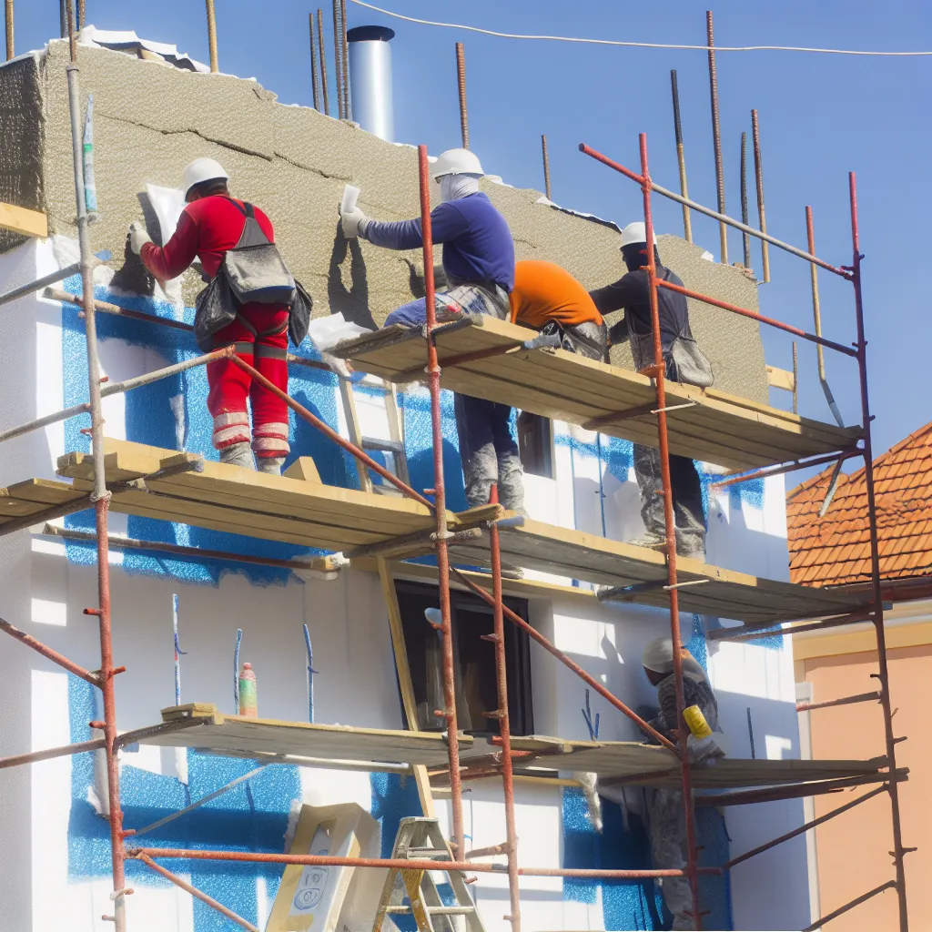 Meșteri pe schelă montând izolație exterioară din polistiren pe fațada unei case