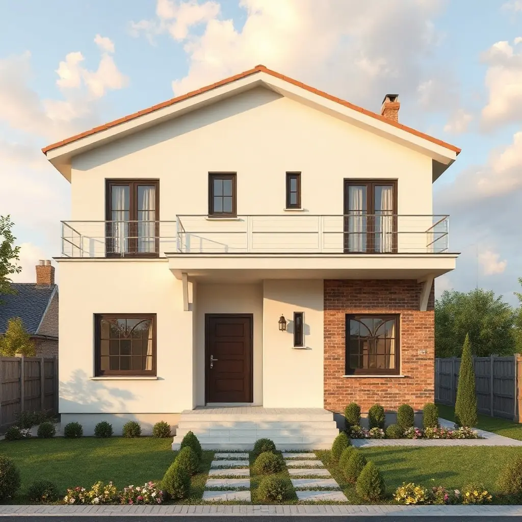 Model casă cu etaj modernă cu fațadă albă și accente din lemn, grădină verde