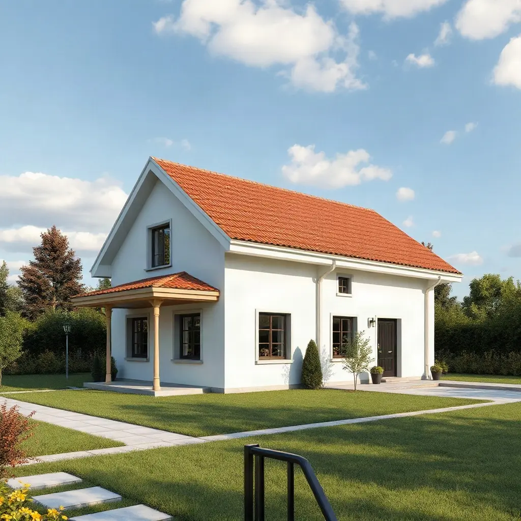 Model casa parter moderna cu gradina si acoperis in doua ape