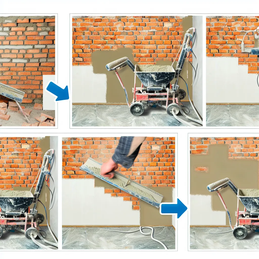 Muncitor aplicând tencuială mecanizată pe perete