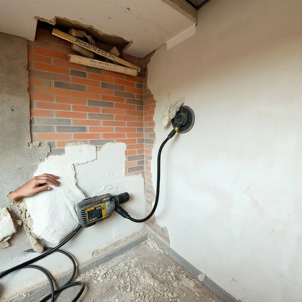 Muncitor care execută debridat tencuială veche de pe perete cu rotopercutor și echipament de protecție complet