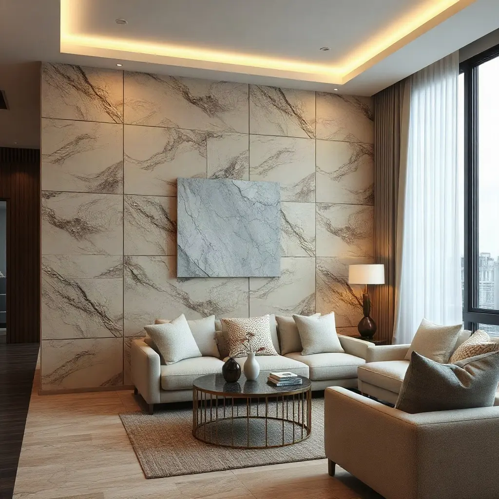 Panouri decorative MDF tip riflaj într-un living modern românesc cu iluminat LED integrat