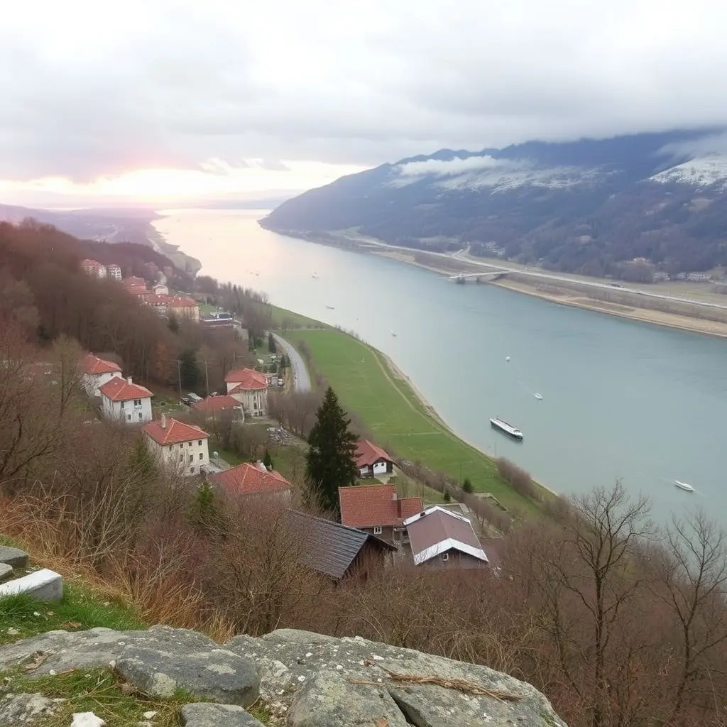 Peisaj panoramic al orașului Călărași pe malul Dunării cu cer dramatic – meteo în Călărași