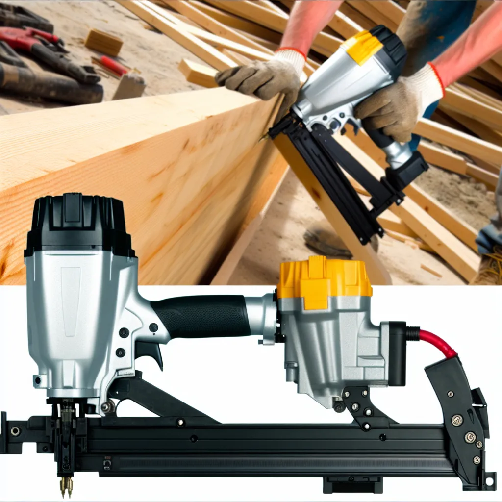 Pistol cuie DeWalt pe santier constructii structura lemn