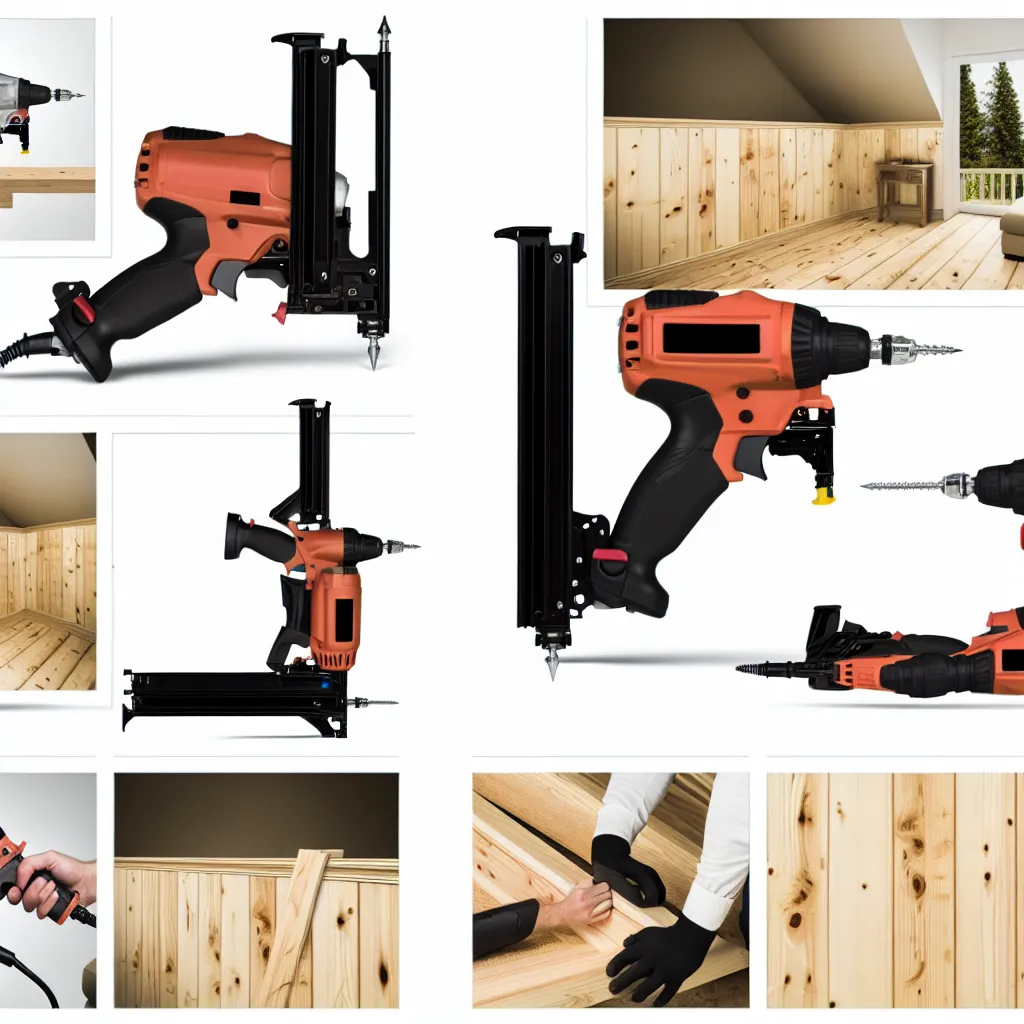 Pistol cuie electric utilizat pe lemn de stejar în atelier de tâmplărie