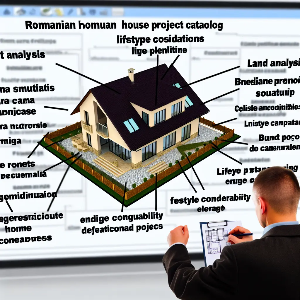 Planuri detaliate de proiecte case dintr-un catalog, cu o lupă evidențiind specificații tehnice