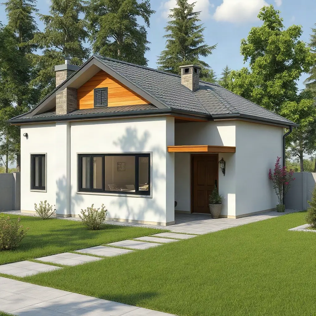 Proiect casă 80 mp - vedere exterioară casă modernă parter cu grădină