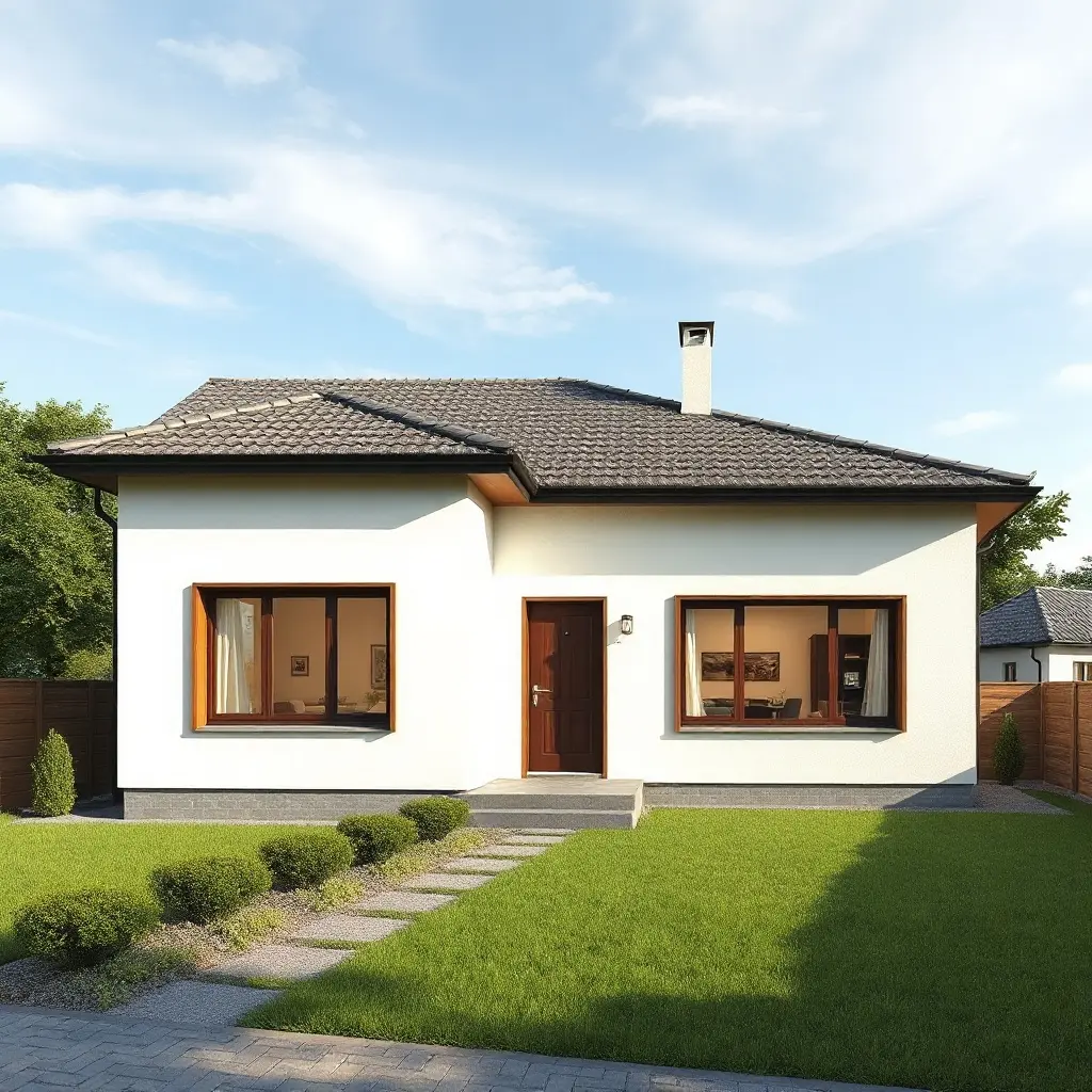 Proiect casă pe un nivel - exterior casă modernă parter cu fațadă tencuită și acoperiș din țiglă