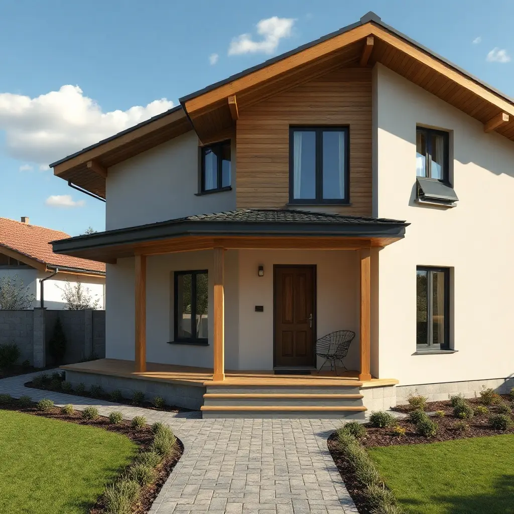 Proiect casă pe un nivel modern cu fațadă gri și ferestre panoramice