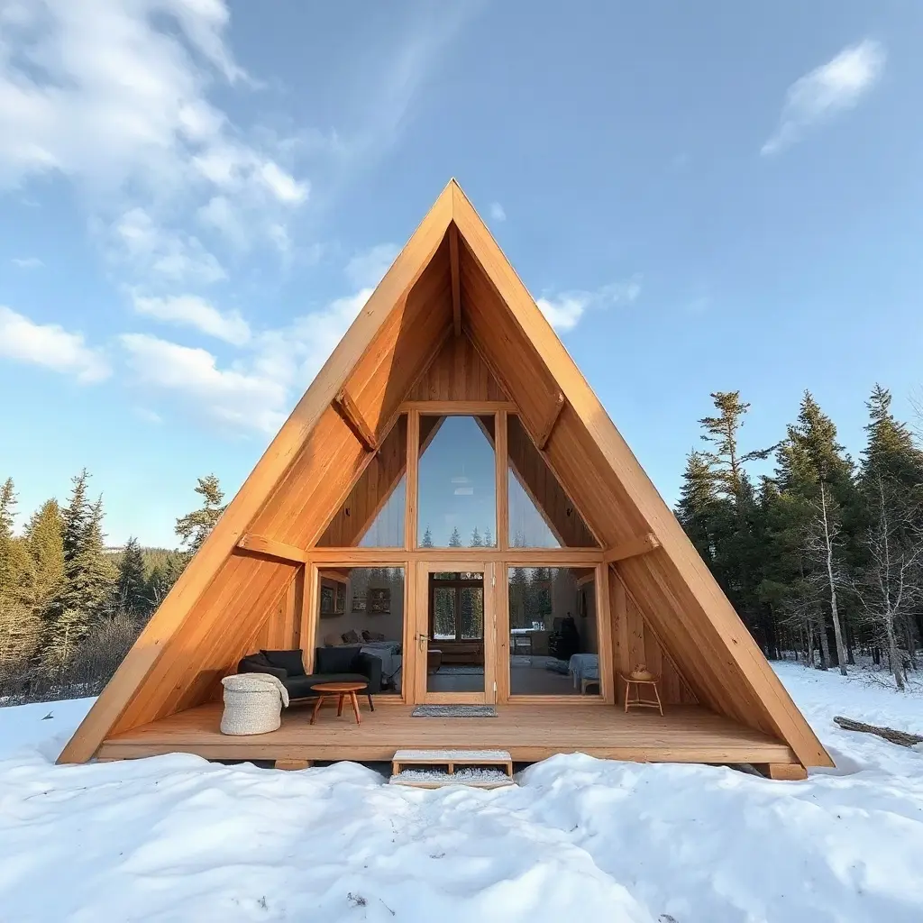 Proiect căsuță tip A în peisaj montan românesc - exterior cabană A-frame cu structură lemn
