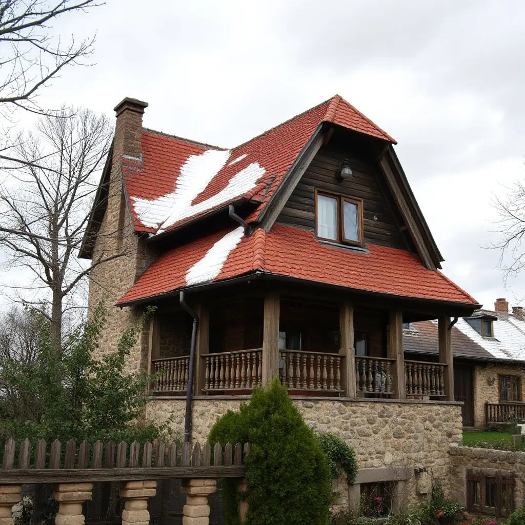 Proprietar care verifică jgheaburile și burlanele casei toamna în Bucovina
