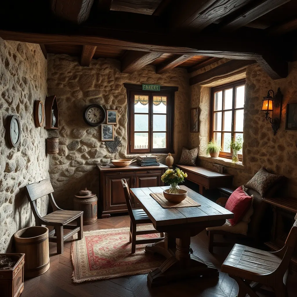 Renovare interior han tradițional românesc cu bârne din lemn și pereți din piatră