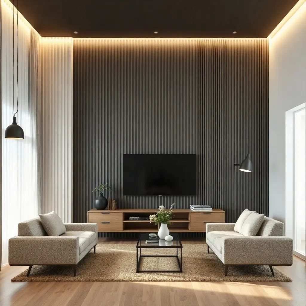 Riflaj decorativ modern în living cu iluminat LED integrat între lamele din lemn
