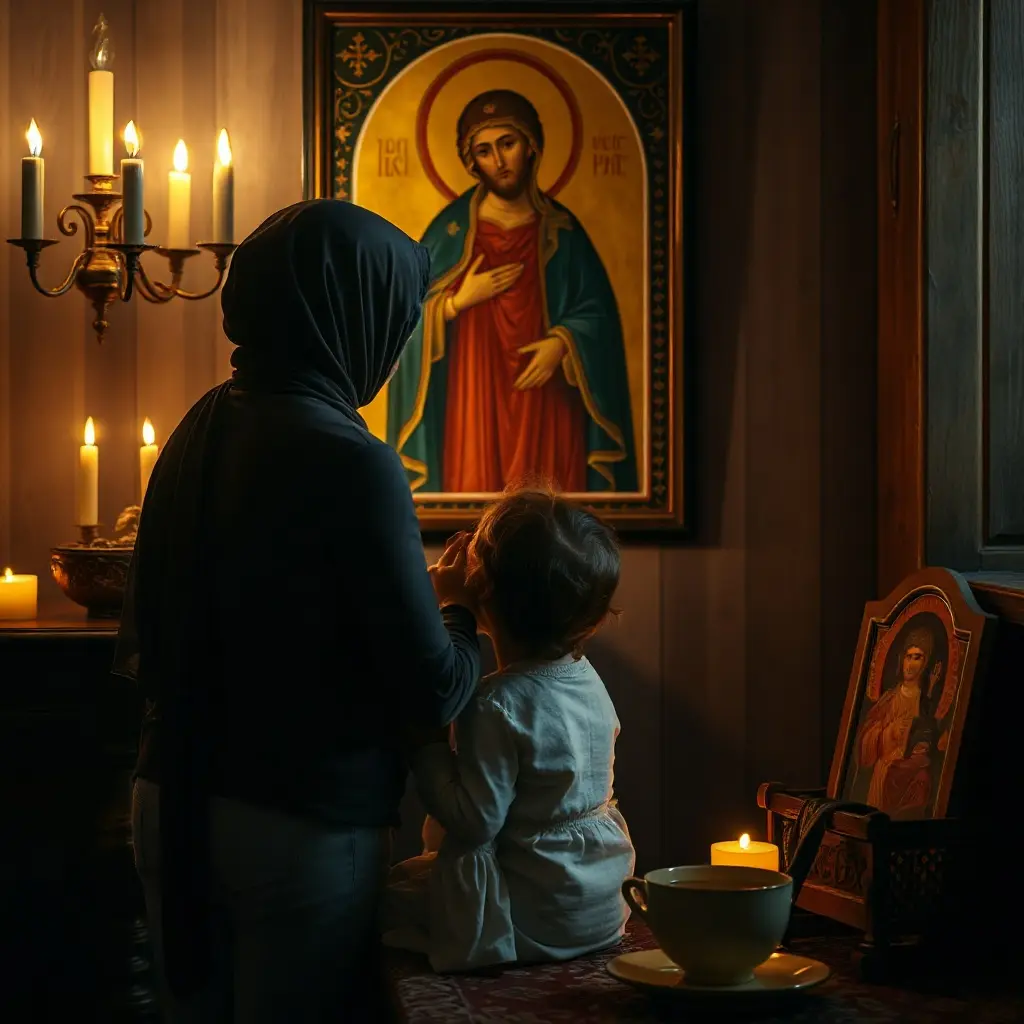 Rugăciunea mamei pentru copii - mamă ortodoxă română în rugăciune înaintea icoanei