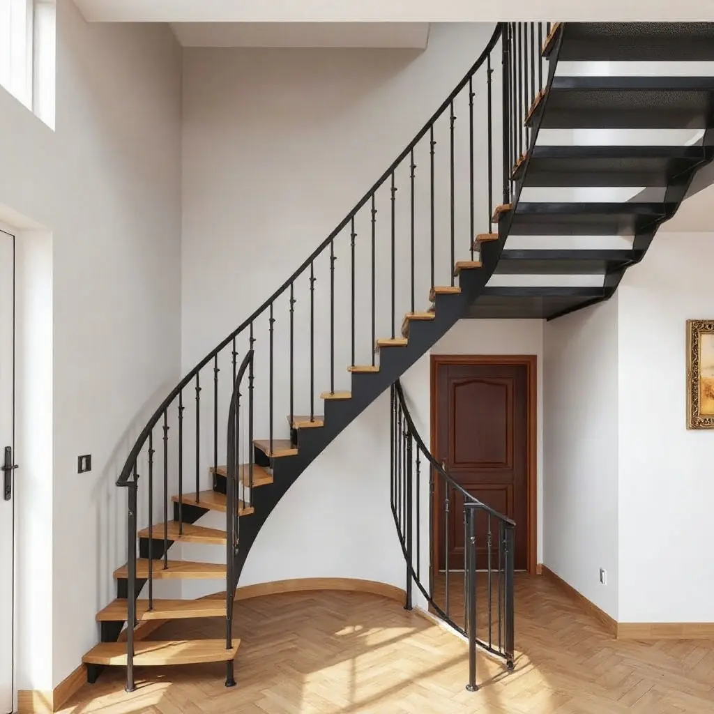 Scară metalică modernă interioară cu trepte din lemn de stejar și balustradă din inox