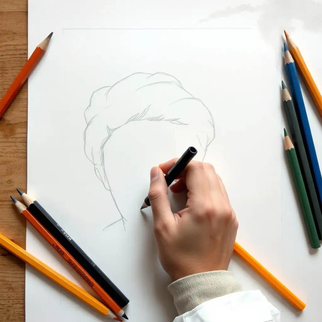 Set de creioane grafice profesionale pentru desene în creion, aranjate pe un birou alb