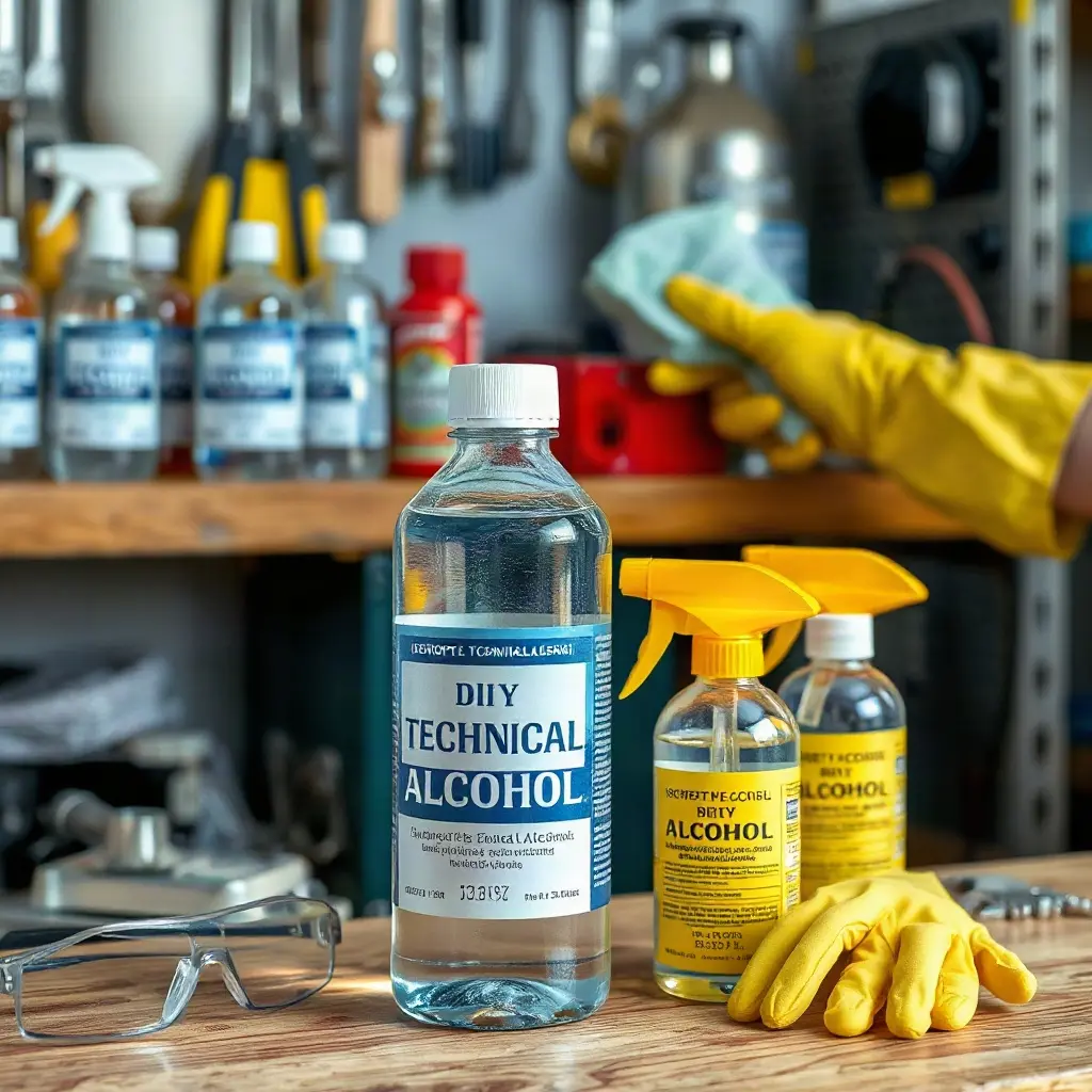 Sticle de alcool tehnic izopropilic 96% pe bancul de lucru al unui atelier de bricolaj profesional