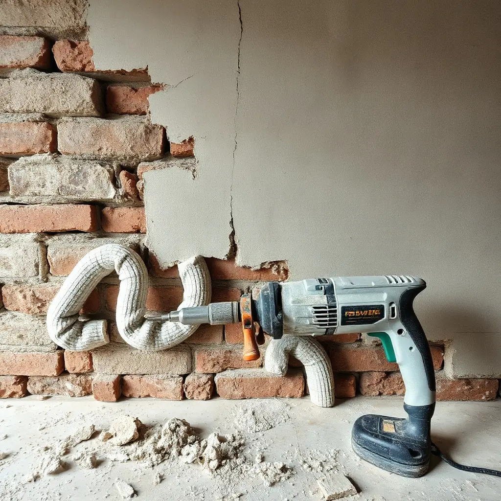 Unelte necesare pentru debridat: rotopercutor, daltă, spatulă, mască FFP3 și ochelari de protecție