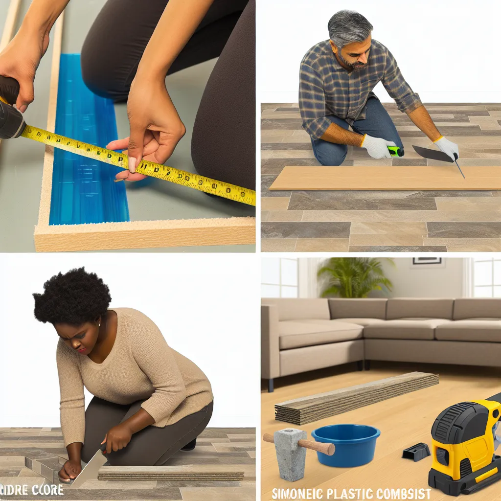 Unelte necesare pentru montaj parchet spc: cutter, ciocan cauciuc, echer, ruletă